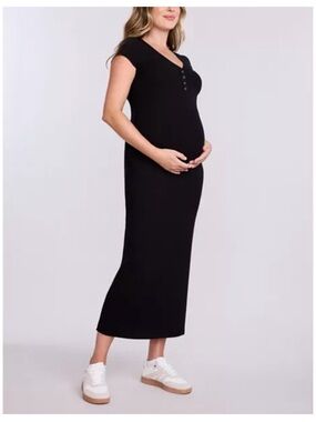 Motherhood Maternity Short Sleeve Henley Bodycon Maxi Dress - black XS